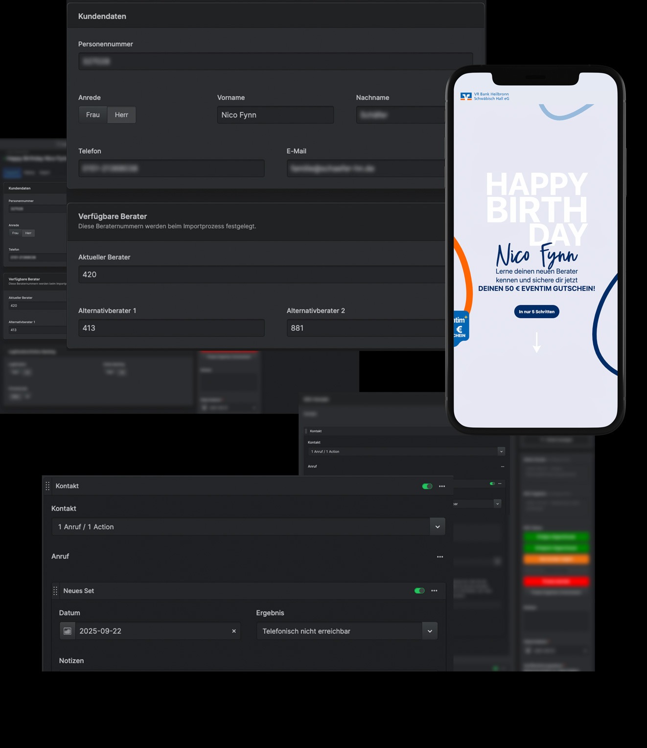 Screenshot einer Kundendatenverwaltung mit Kontaktversuch und daneben ein Smartphone mit Geburtstagsgruss für Nico Fynn.