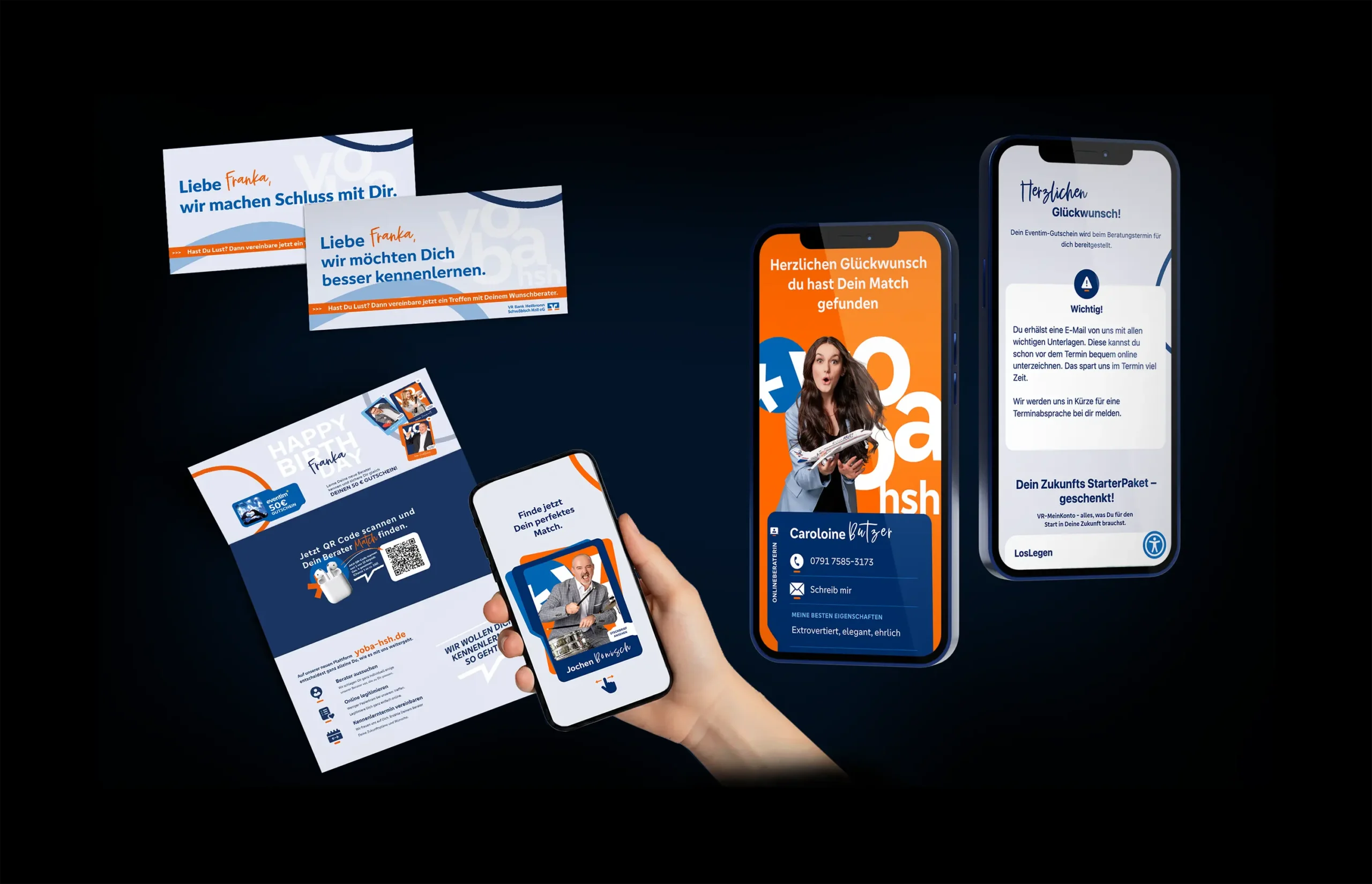 Verschiedene Werbematerialien einer Bankkampagne mit personalisierten Karten, Flyern und Smartphone-Ansichten.