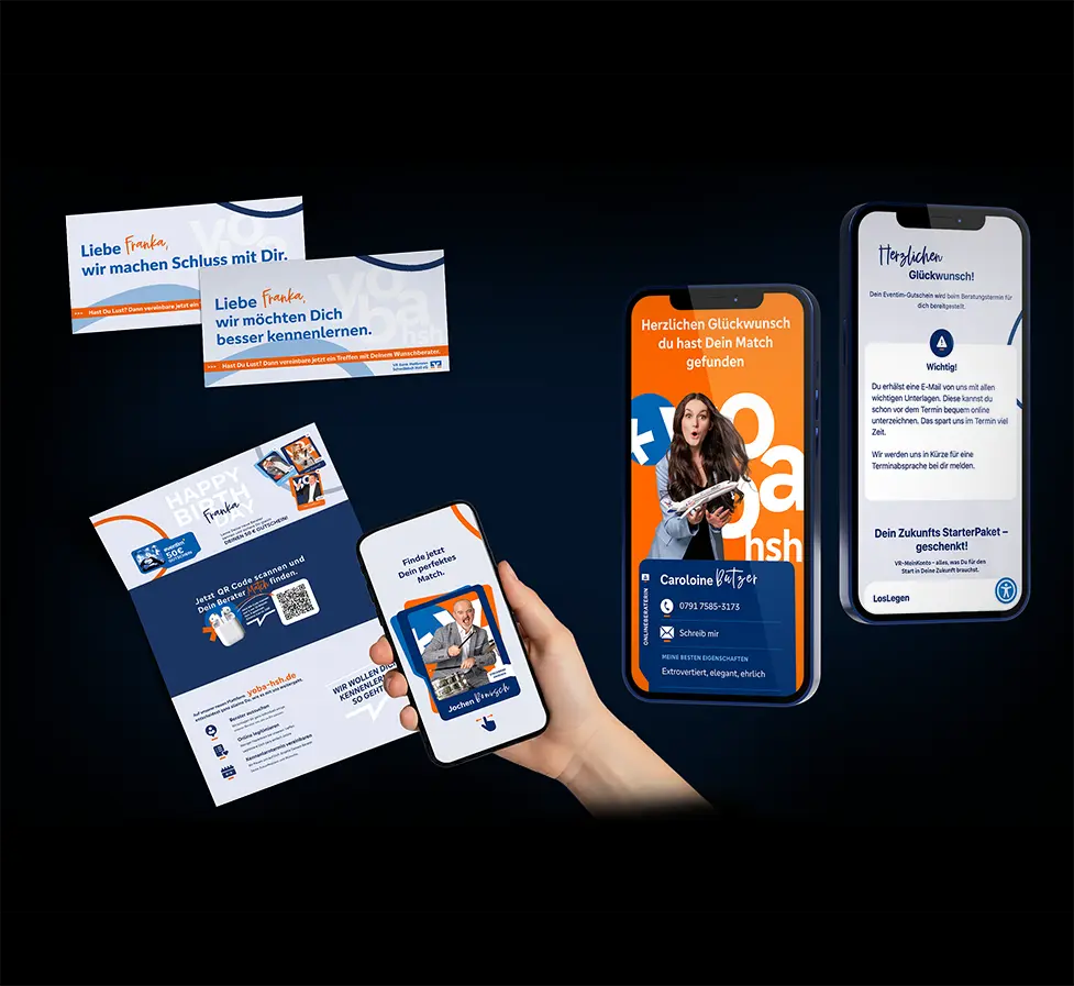 Verschiedene Werbematerialien einer Bankkampagne mit personalisierten Karten, Flyern und Smartphone-Ansichten.