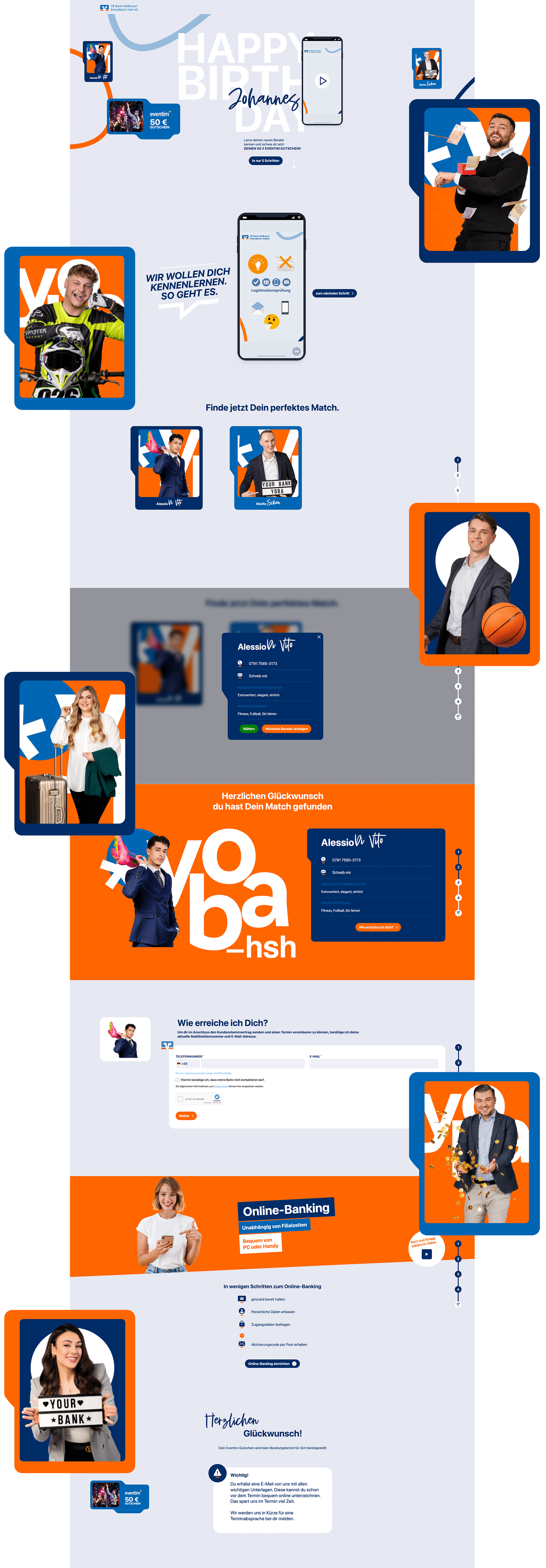 Lange Webseite mit Geburtstagsaktion, Berater-Matching, Online-Banking-Anleitung und Kontaktformular der VR Bank HSH.