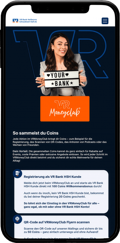 Smartphone zeigt eine Infoseite des VR Moneyclubs mit Infos zum Sammeln von Coins durch Aktionen und Empfehlungen.