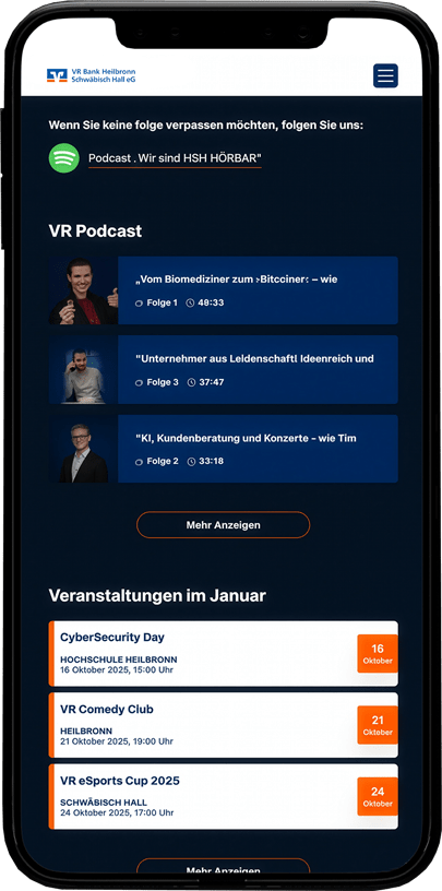 Smartphone zeigt VR Moneyclub Podcast-Folgen und eine Liste kommender Events wie CyberSecurity Day und eSports Cup.