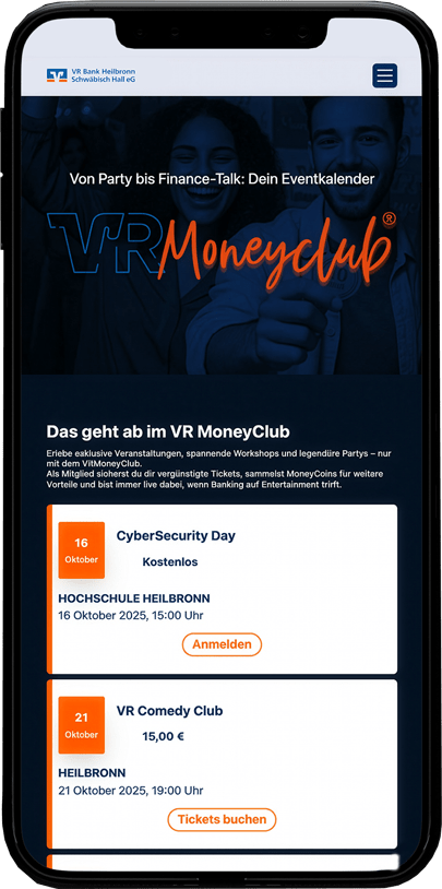 Smartphone zeigt den Eventkalender des VR Moneyclubs mit Veranstaltungen wie dem CyberSecurity Day und VR Comedy Club.
