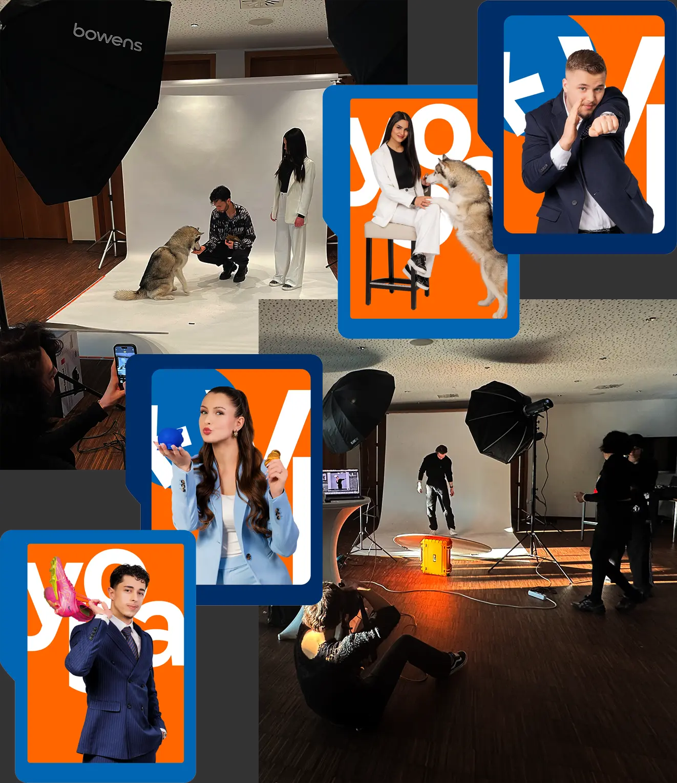 Blick hinter die Kulissen eines Fotoshootings mit mehreren Personen, Studioausrüstung und eingeblendeten fertigen Fotos.